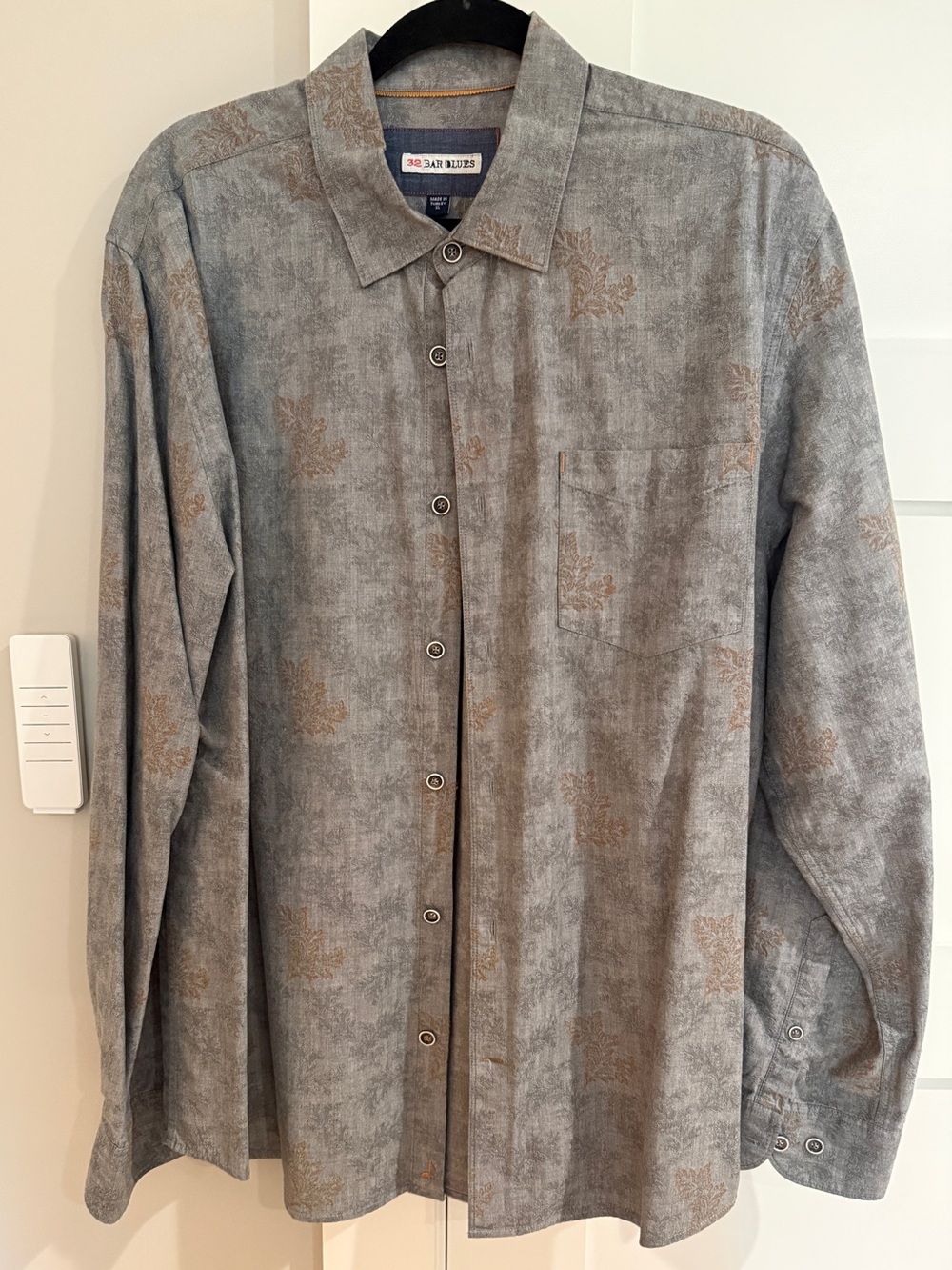 32 Bar Blues Gray Button-Down Casual Shirt with Subtle Brown Print